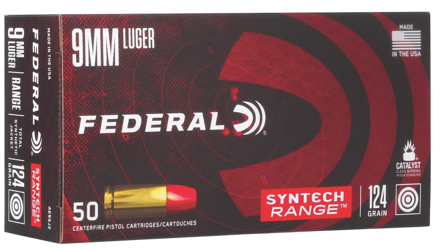Federal AE9SJ2 American Eagle Syntech Range 9mmLuger 124gr Total Syntech Jacket Flat Nose 50 Per Box/10 Case