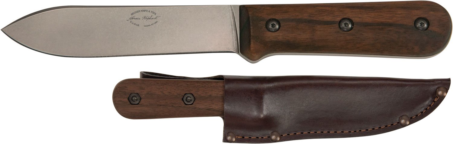 Ka-Bar BK62 Becker Kephart 5.13" Fixed Drop Point Plain Satin Stonewashed 1095 Cro-Van Blade, Walnut Handle, Includes Sheath