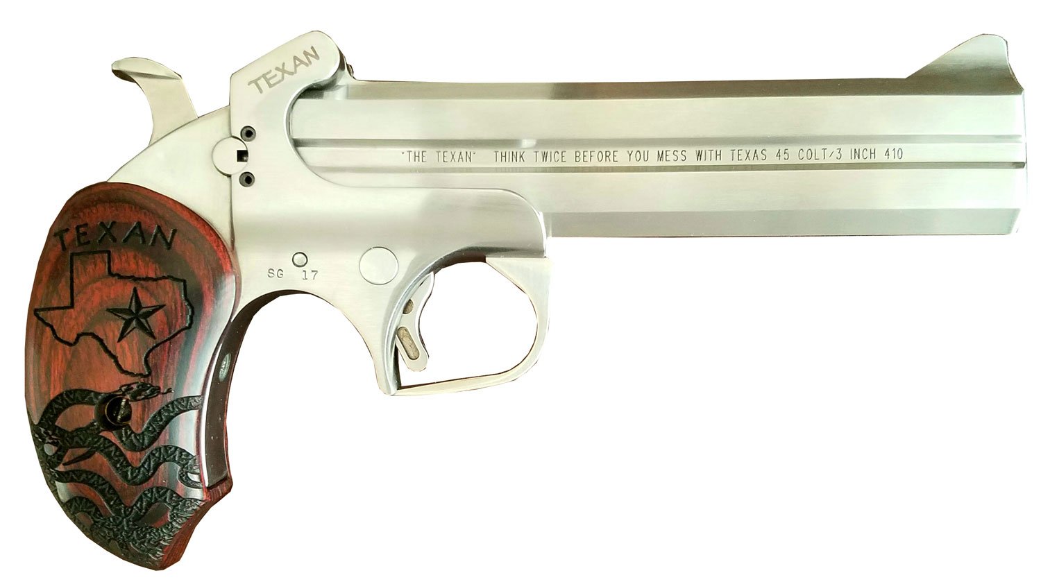 Bond Arms BATX Texan Derringer Single 45 Colt (LC)/410 Gauge 2rd, 6" Stainless Steel Double Barrel & Frame, Blade Front/Fixed Rear Sights, Custom Engraved Rosewood Grip, Manual Safety