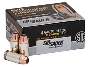 Sig Sauer E45AP050 Elite Performance  45ACP 185gr V-Crown Jacketed Hollow Point 50 Per Box/10 Case