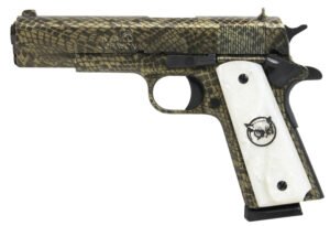 Iver Johnson Arms 1911A1WATERMOCCASIN 1911 A1 Water Moccasin 45 ACP 8+1 5" Black Steel Barrel, Green Snakeskin Hydrographic Serrated Steel Slide & Frame w/Beavertail, White Synthetic Pearl Grip