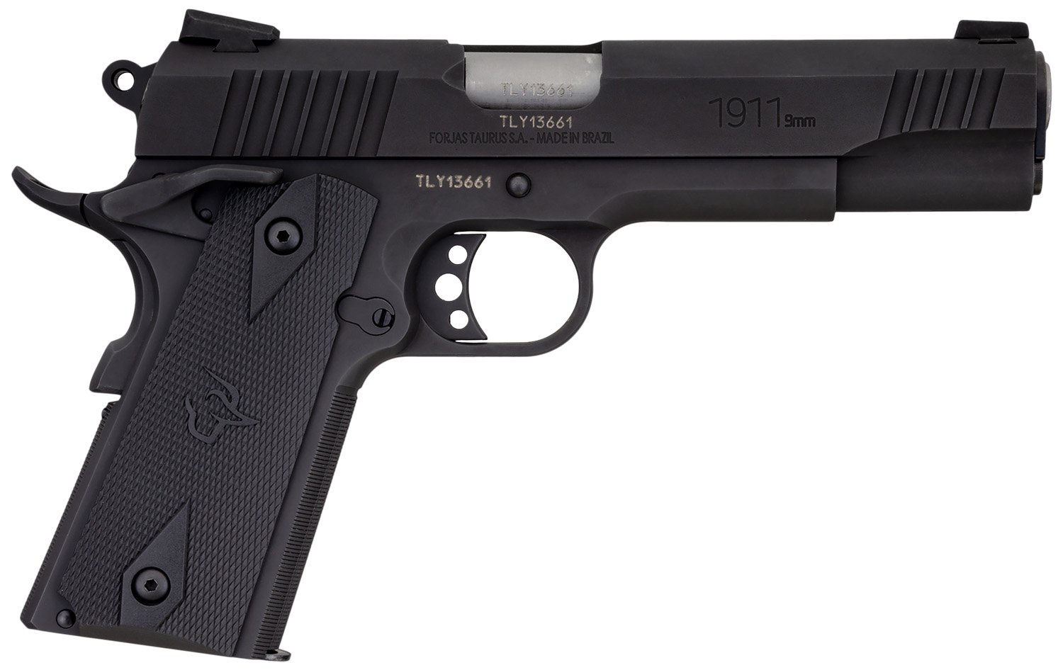 Taurus 1911 9-inch pistol with Novak drift-adjustable sights and checkered polymer grips