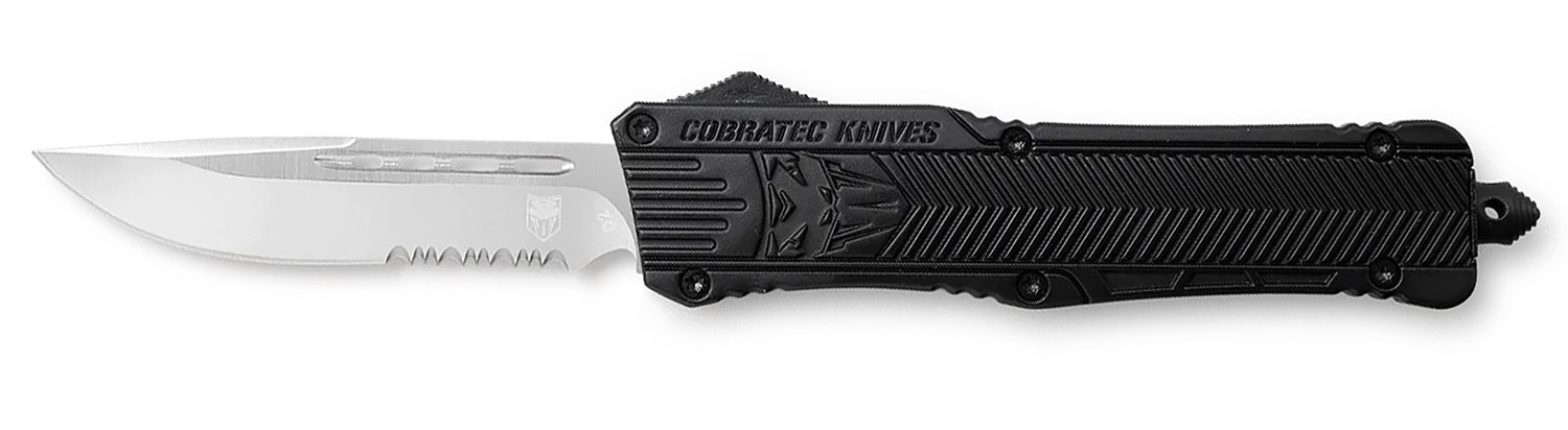 CobraTec Knives LBCTK1LDS CTK-1 Large 3.75" OTF Drop Point Part Serrated D2 Steel Blade/ Black Aluminum Handle Features Glass Breaker Includes Pocket Clip
