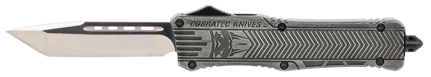 CobraTec Knives LSWCTK1LTNS CTK-1 Large 3.75" OTF Tanto Plain D2 Steel Blade/Stonewashed Aluminum Handle Features Glass Breaker Includes Pocket Clip