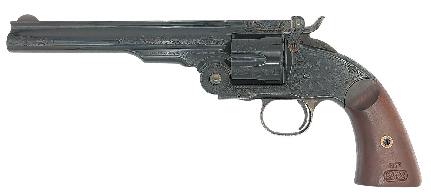 Taylors & Company 550652 Top Break Schofield 44-40 Win Caliber with 7" Barrel, 6rd Capacity Cylinder, Overall Blued Engraved Finish Steel & Walnut Grip