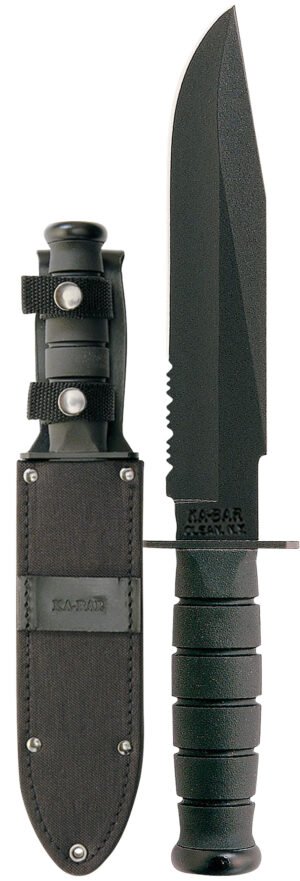 Ka-Bar 1271 Fighter  8" Fixed Clip Point Part Serrated Black 1095 Cro-Van Blade, Black Kraton G Handle, Includes Sheath