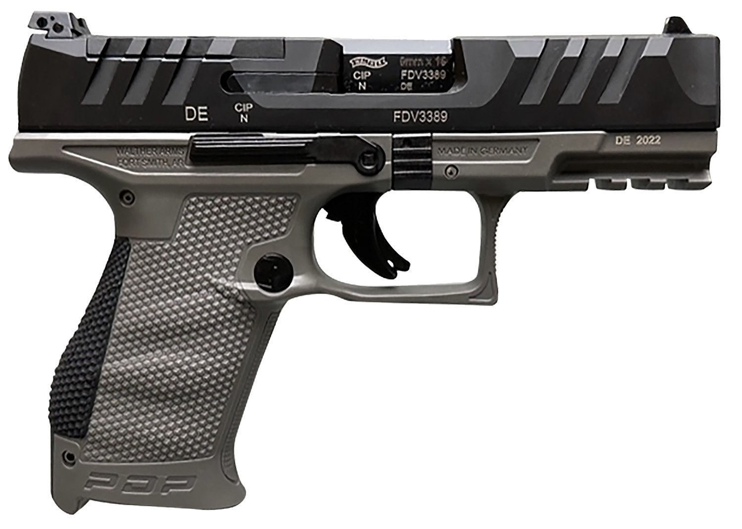 Walther Arms 2858436 PDP Compact Frame 9mm Luger 15+1 4" Black Steel Barrel, Black Optic Ready/Serrated Steel Slide, Gray Polymer Frame w/Picatinny Rail, Textured Polymer Grip, Ambidextrous