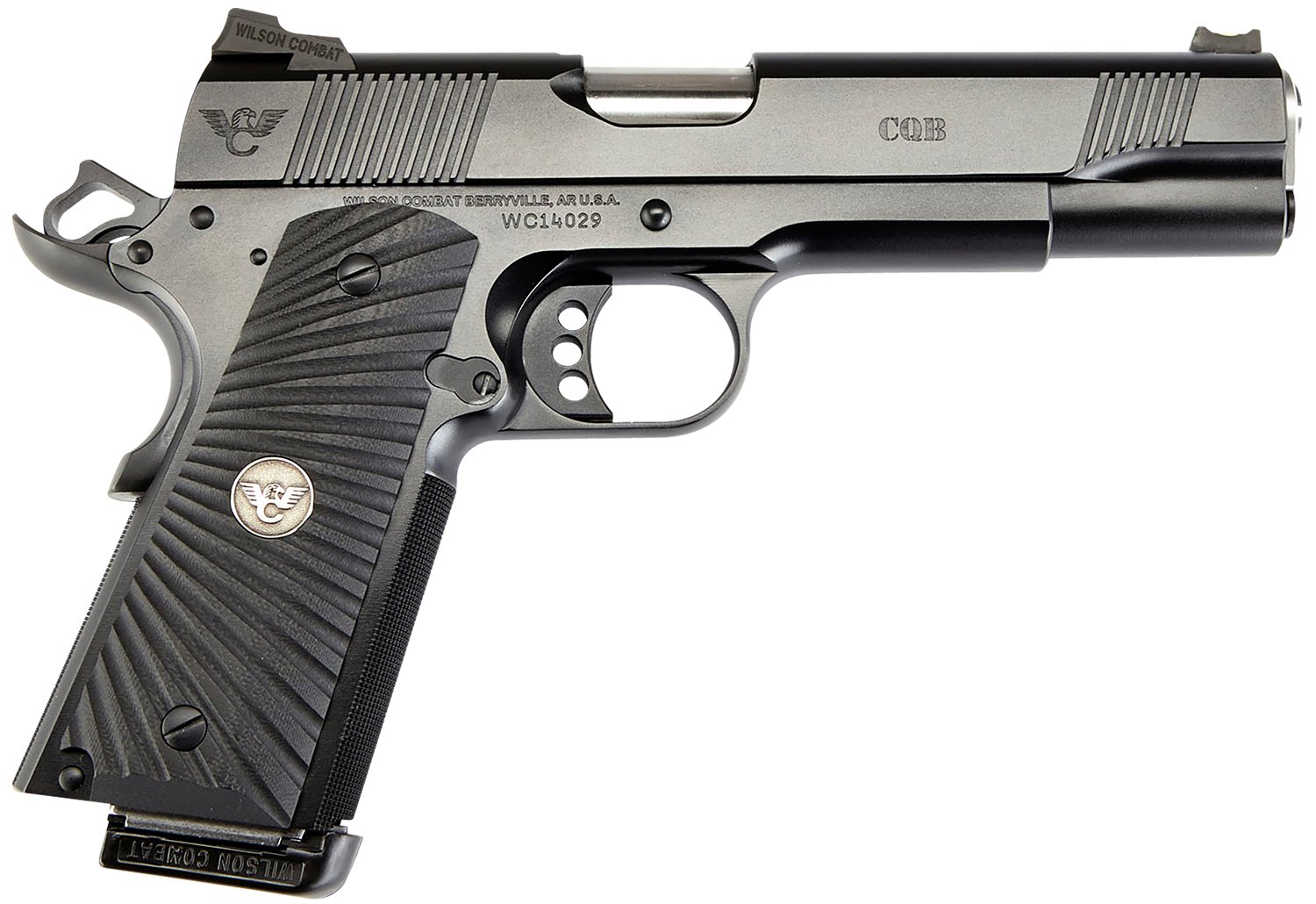 Wilson Combat CQBFS9 1911 CQB Full Size Frame 9mm Luger 10+1 5" Match Grade Barrel, Black Serrated Carbon Steel Slide, Black Armor-Tuff Carbon Steel Frame w/Beavertail, Black G10 Starburst Grip