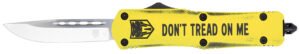 CobraTec Knives MDTOMFS3DNS FS-3 Don't Tread On Me Medium 3" OTF Drop Point Plain D2 Steel Blade Yellow w/"Don't Tread On Me" Aluminum Cerakoted Handle Features Glass Breaker Includes Pocket Clip