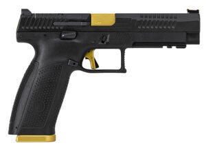 CZ-USA 95180 P-10 F Competition-Ready 9mm Luger 5" 19+1 Overall Black Finish with Inside Railed Steel with Optic Cut Slide, Polymer Grip, Gold Accents & Picatinny Rail