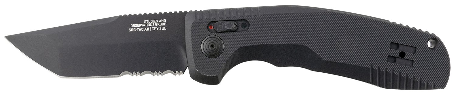 S.O.G SOG15380457 SOG-TAC Auto 3.43" Folding Tanto Part Serrated Black TiNi Cryo D2 Steel Blade Black Micro-Textured Anodized Aluminum Handle Includes Pocket Clip