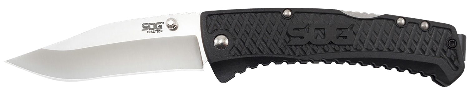 S.O.G SOG-TD1011-C Traction 3.50" Folding Clip Point Plain Satin 5Cr13MoV SS Blade Black Textured GRN Handle Includes Pocket Clip