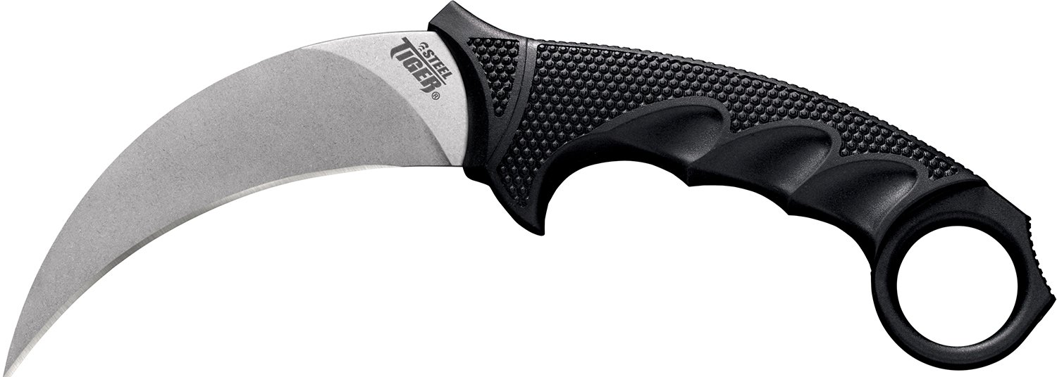 Cold Steel CS49KST Steel Tiger 4.75" Fixed Plain Stone Washed Japanese AUS-8A SS Blade/Black w/Thumb Shelf & Finger Ring Griv-Ex w/Overmold Kray-Ex Handle