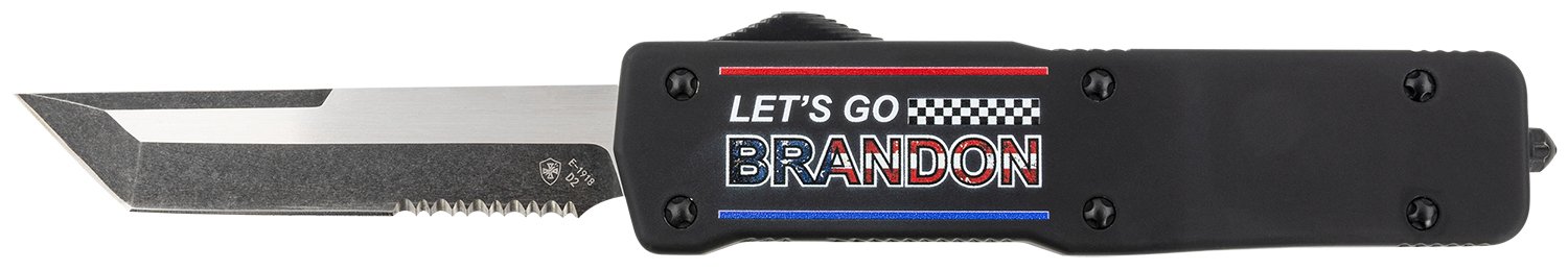 Templar Knife LZLGB521 Premium Weighted Let's Go Brandon Large 3.55" OTF Tanto Part Serrated Black Oxide Stonewashed D2 Steel Blade, 5.25" Black "Lets Go Brandon" Aluminum Zinc Alloy Handle