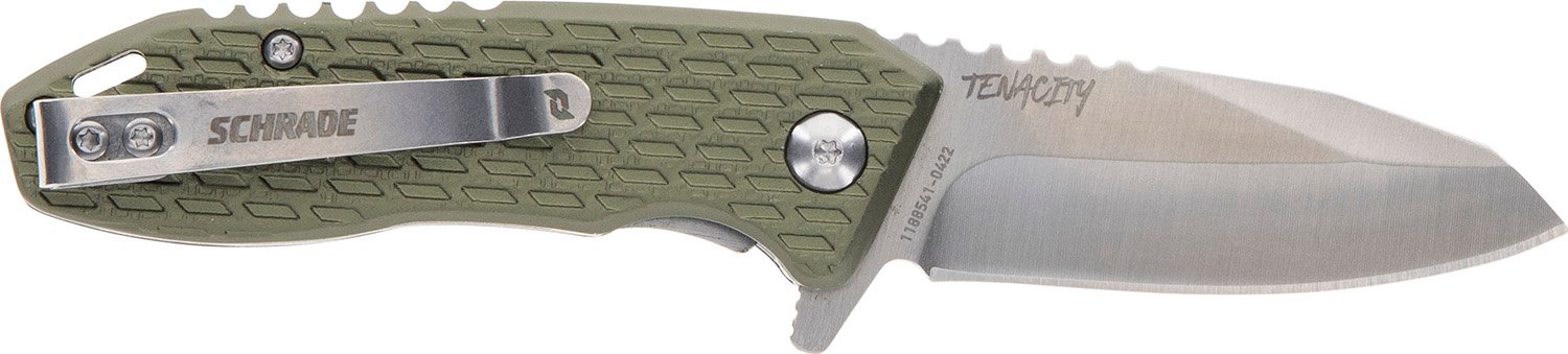 Schrade 1159317 Tenacity Folding Modified Drop Point Part Serrated Satin AUS-10A SS Blade, Green Aluminum Handle