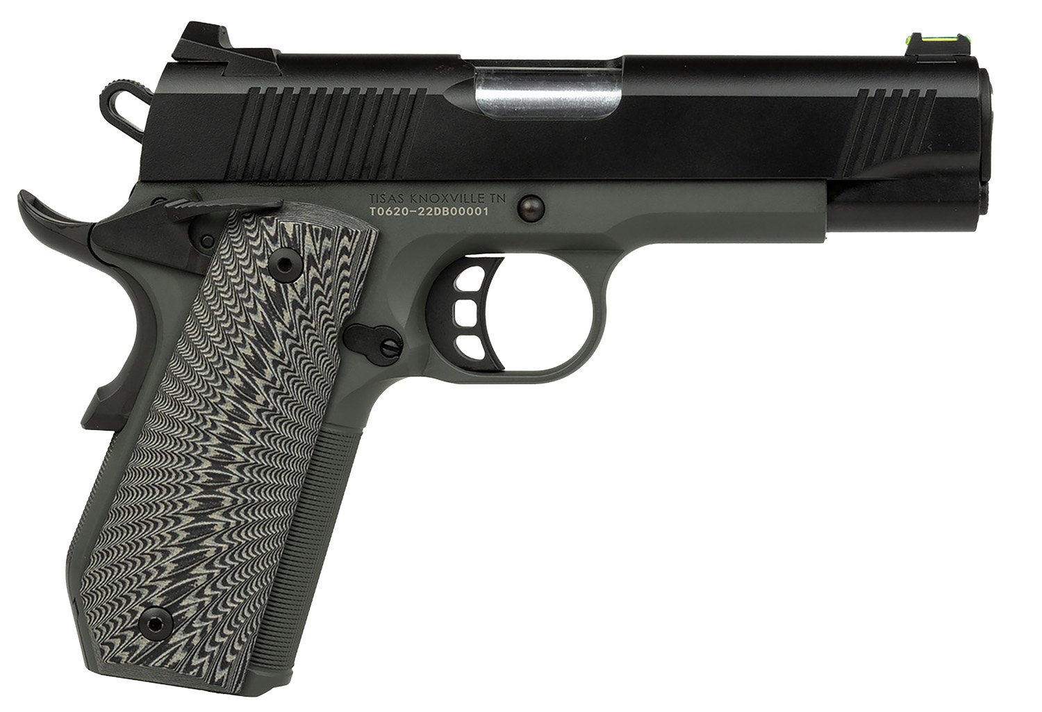 Tisas 10100802 1911 Yukon Full Size 10mm Auto 10+1 4.25" Stainless Steel Barrel, Black Cerakote Serrated Slide, Dark Gray Cerakote Steel Frame w/LPI Checkering & Beavertail, Black Sunburst G10 Grips
