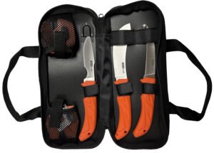 AccuSharp 738C Processing Kit  Fixed Butcher/Caping/Gutting Plain Stainless Steel Blades/Blaze Orange Non-Slip Grip 6 Piece Includes Nylon Case