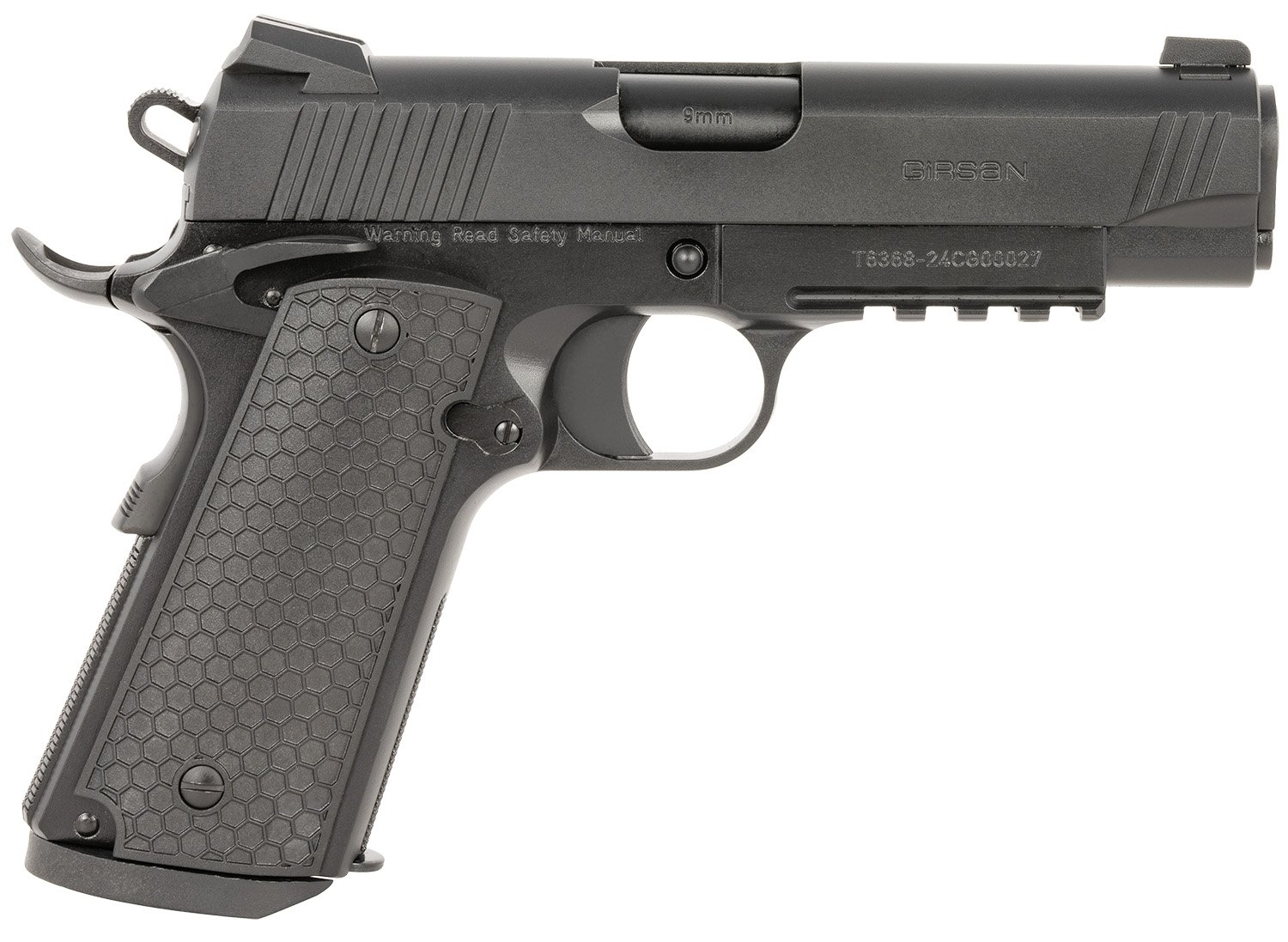 Girsan 392075 MC1911 C Untouchable Compact Frame 9mm Luger 9+1 4.40" Black Steel Barrel, Black Serrated Steel Slide & Frame w/Beavertail & Picatinny Rail, Black Polymer Grip