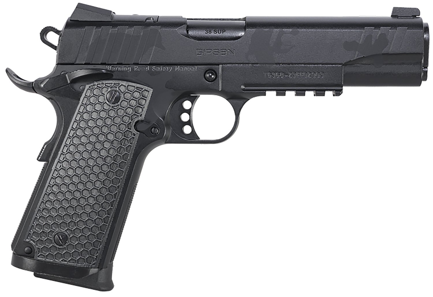 Girsan 391159 MC1911 S Influencer Full Size 38 Super 9+1 5″ Black Steel Barrel, Black Camo Optic Ready/Serrated Steel Slide & Frame w/Picatinny Rail & Beavertail, Black Polymer Grip