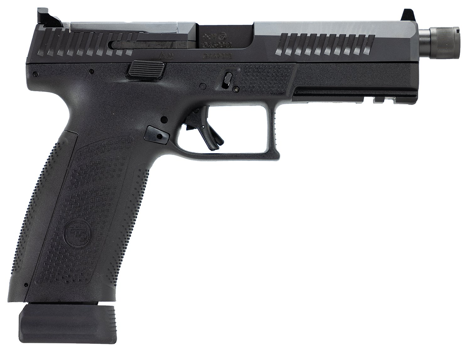 CZ-USA 91556 P-10 F 9mm Luger 21+1 5.10" Black Threaded Barrel, Black Nitride Steel Optic Ready/Serrated Slide, Black Polymer Frame w/Picatinny Rail, Interchangeable Backstrap Grip, Ambidextrous