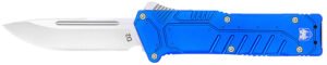 CobraTec Knives BLUSFDNS Special Forces  3.25" OTF Drop Point Plain Satin D2 Steel Blade, 4.75" Blue Textured Anodized Aluminum Handle