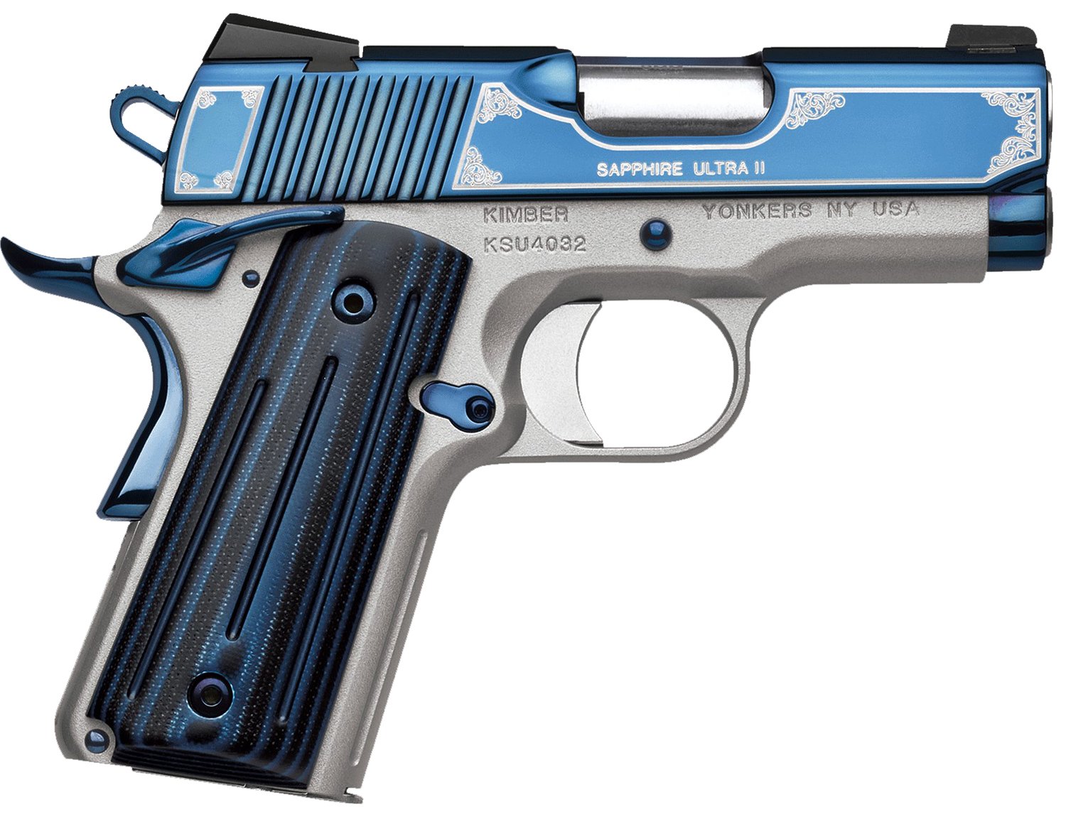 Kimber Mfg, Inc 3200273 Ultra II 9mm Luger 8+1 3" Stainless Match Grade Barrel, Engraved Sapphire Blue PVD Serrated Stainless Steel Slide, Satin Silver Aluminum Frame w/Beavertail, G10 Grip