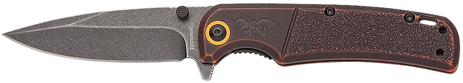 Browning 003220581 Buckmark EDC Slim 3.13" Folding Drop Point Plain Black Stonewashed D2 Steel Blade, Bronze Stonewashed Polymer Handle