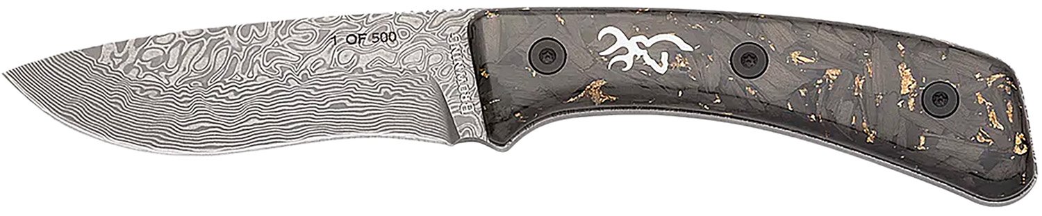 Browning 3220570B Rock 3.50" Fixed Drop Point Plain Acid Etch Damascus Blade, Carbon Fiber Handle