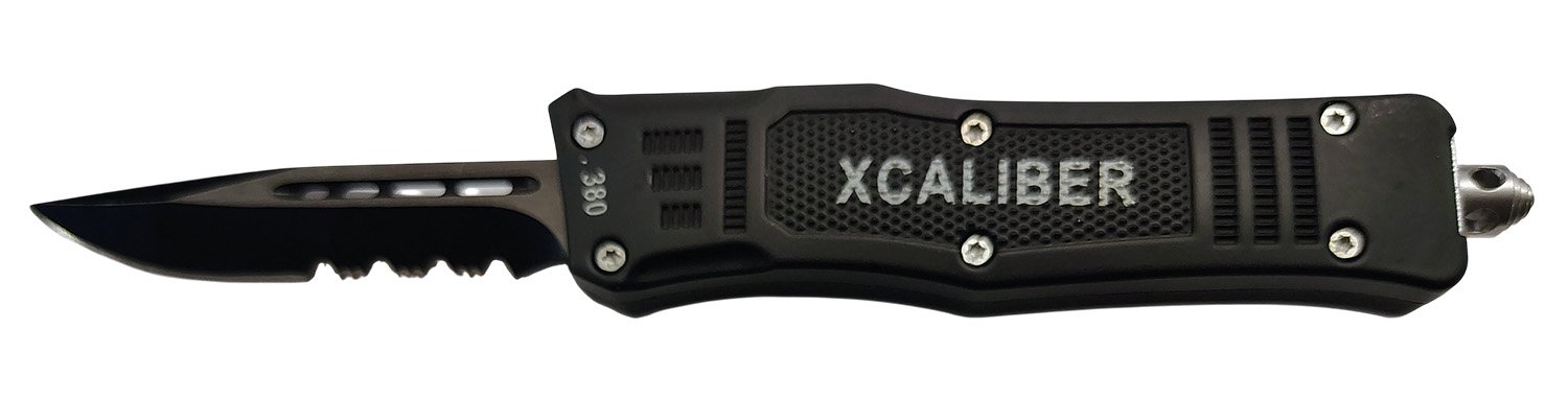 Xcaliber Knife Company 380 ACP Small 2.75" OTF Part Serrated Black 440C SS Blade, 3.91" Steel Handle