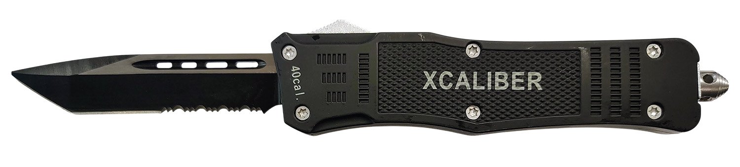 Xcaliber Knife Company 40 Cal Large 3.80" OTF Tanto Part Serrated Black 440C SS Blade, 5.30" Steel Handle