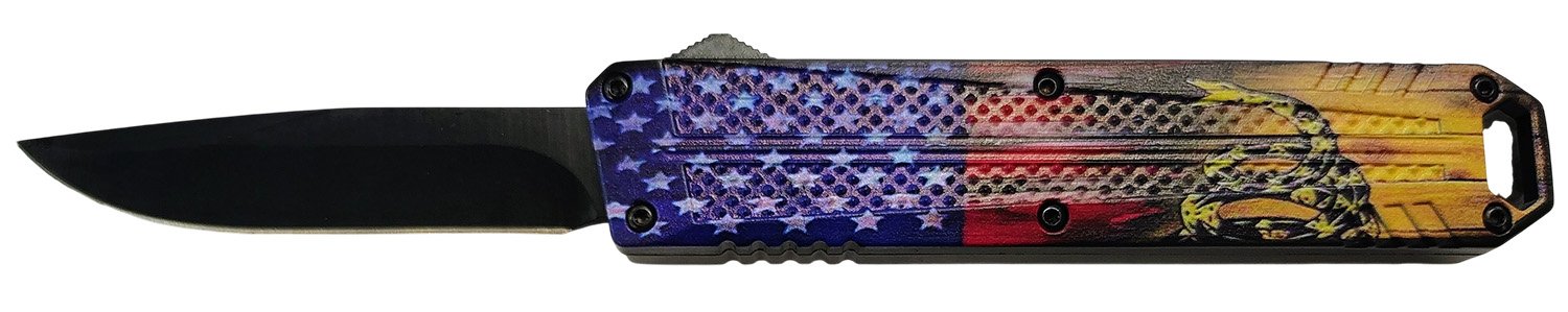 Xcaliber Knife Company Don't Tread on Me Medium 3.20" OTF Drop Point Plain Black 440C SS Blade, 4.80" US Flag Aluminum Handle