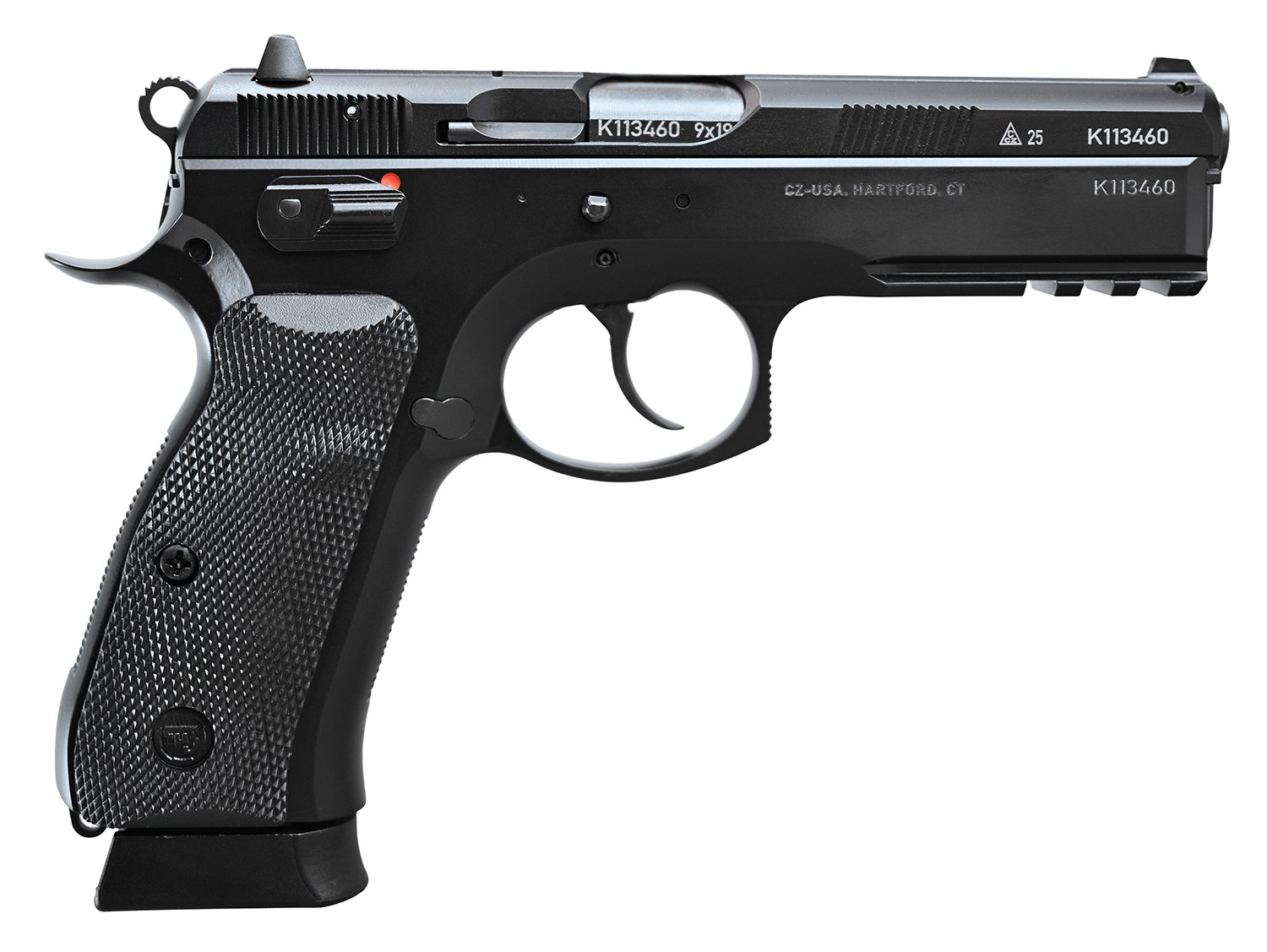 CZ-USA 75 SP-01 50th Anniversary Elite 9mm Luger 19+1 4.60" Black Steel Barrel & 50th Anniversary Engraved/Serrated Slide, Black Polycoat Steel Frame w/Picatinny Rail & Beavertail, Black Rubber Grip