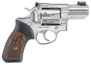Ruger 1774 GP100  Small Frame 357 Mag 7 Shot, 2.50" Satin Stainless Steel Barrel, Satin Stainless Cylinder, Satin Stainless Steel Frame, Black Rubber w/Wood Insert Grip, Exposed Hammer