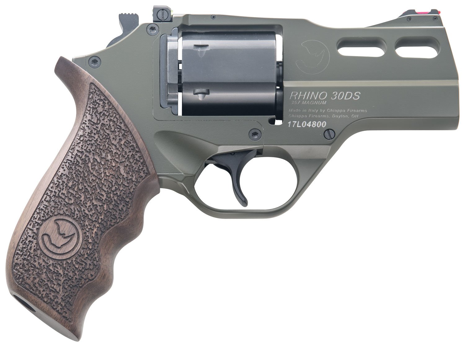 Chiappa Firearms CF340285 Rhino 30SAR *CA Compliant Small Frame 357 Mag 6 Shot, 3" Green Cerakote Steel Barrel, Blued Steel Cylinder, Green Cerakote Aluminum Frame, Walnut Grip, Exposed Hammer