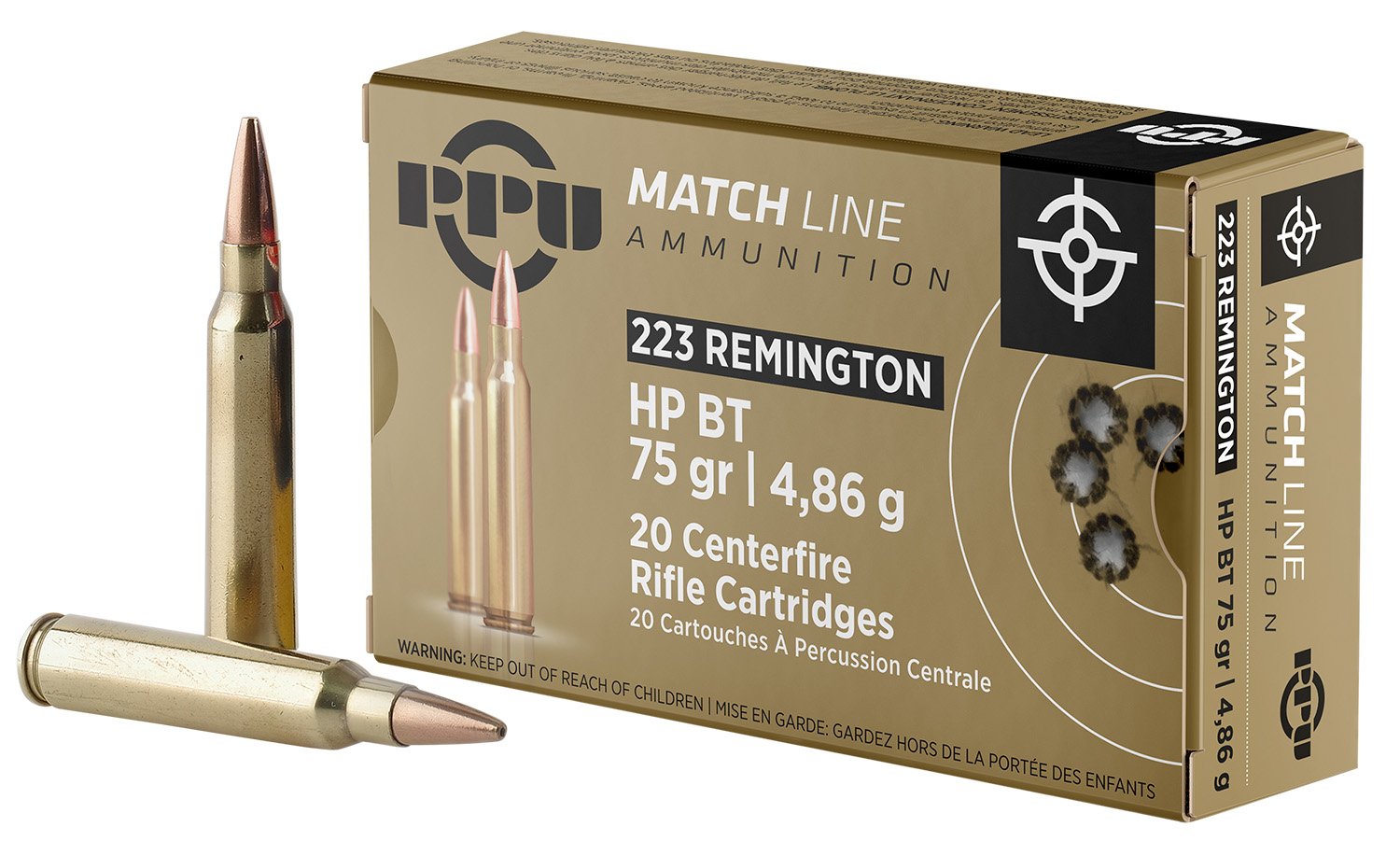 PPU PPM2232 Match 223Rem 75gr Hollow Point Boat Tail 20 Per Box/50 Case