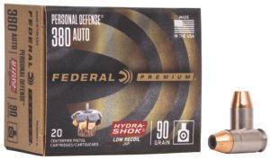 Federal PD380HS1H Premium Personal Defense Low Recoil 380ACP 90gr Hydra-Shok Jacketed Hollow Point 20 Per Box/10 Case