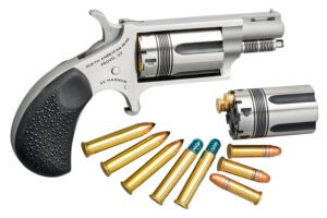 North American Arms 22MCTW Wasp Combo 22 LR/22 WMR 5 Shot 1.63" Stainless Steel Vent Rib Barrel, Stainless Steel Frame & Cylinder, Black Pebbled Rubber Grip, Exposed Hammer