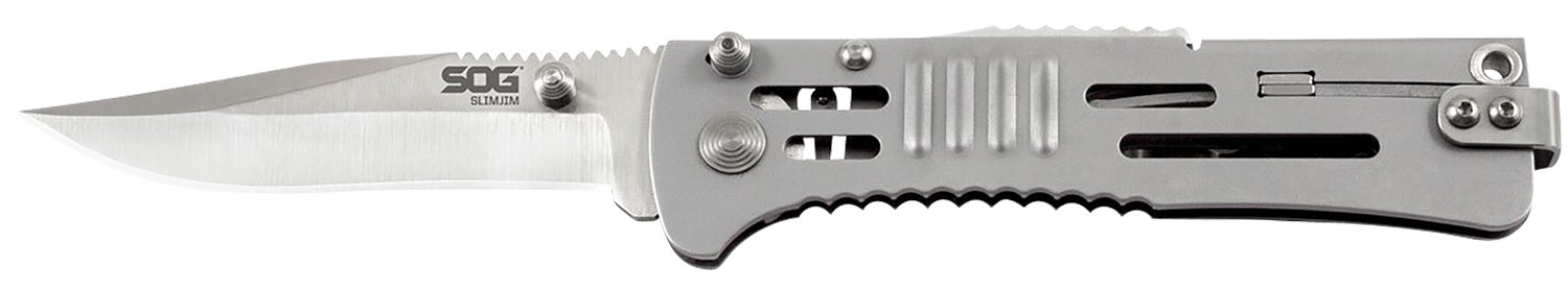 S.O.G SOG-SJ31-CP SlimJim 3.18" Folding Clip Point Plain Satin AUS-8A SS Blade Bead Blasted 420 Stainless Steel Handle Includes Belt Clip