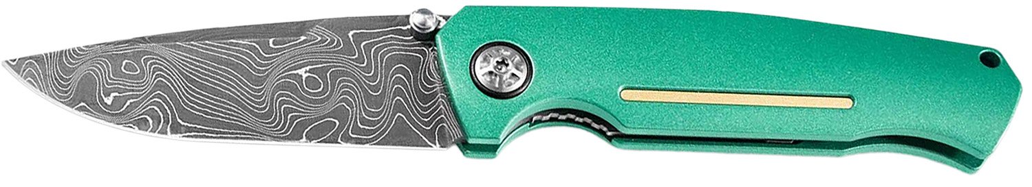 Boker 111102DAM 3.22" Drop Point Plain Damascus Blade Green Aluminum Handle