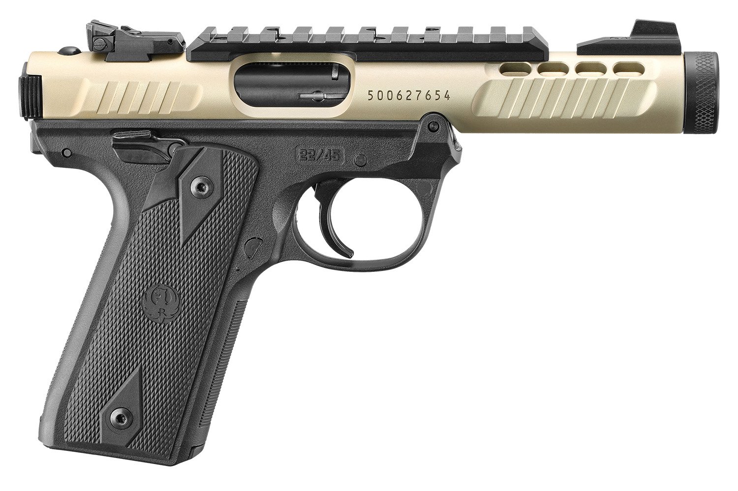 Ruger 43955 Mark IV 22/45 Lite 22 LR 10+1 4.40" Stainless Threaded Barrel, Champagne Anodized Serrated Slide w/Picatinny Rail, Black Anodized Polymer Frame, Black Checkered 1911-Style Grip