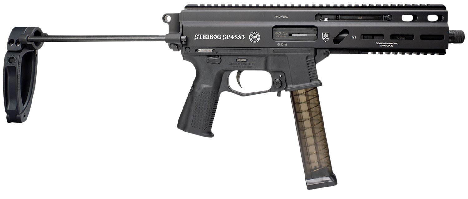 Grand Power 197892004831 SP45A3 Stribog 45 ACP 20+1 8" Black Threaded Barrel, Black Aluminum Picatinny Rail Receiver, Black PDW Tailhook Brace, Black Polymer Grip, Thread Protector