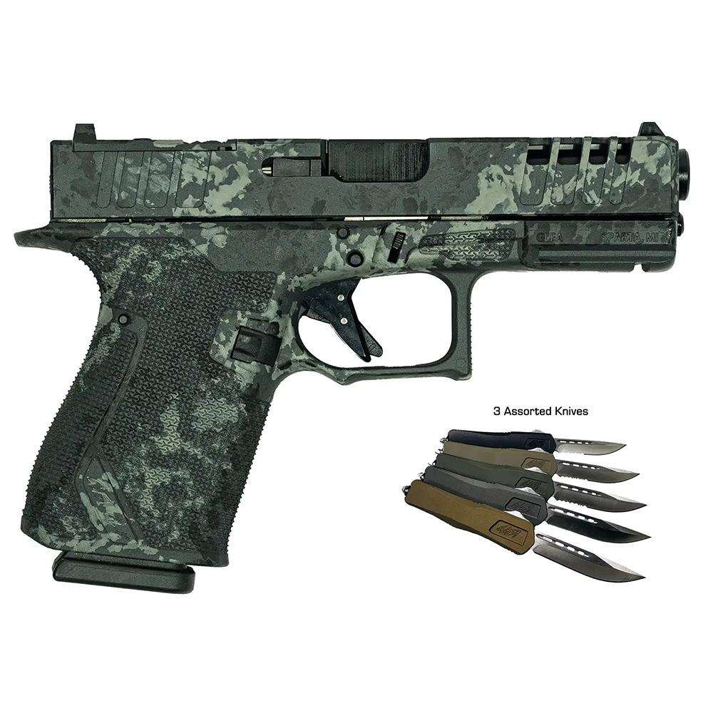 Great Lakes Striker Handgun Combo 9mm Luger 15rd Magazines (2) 4" Barrel Lichen Grey OR with 3 OTF 3-1/2" Blade Knives
