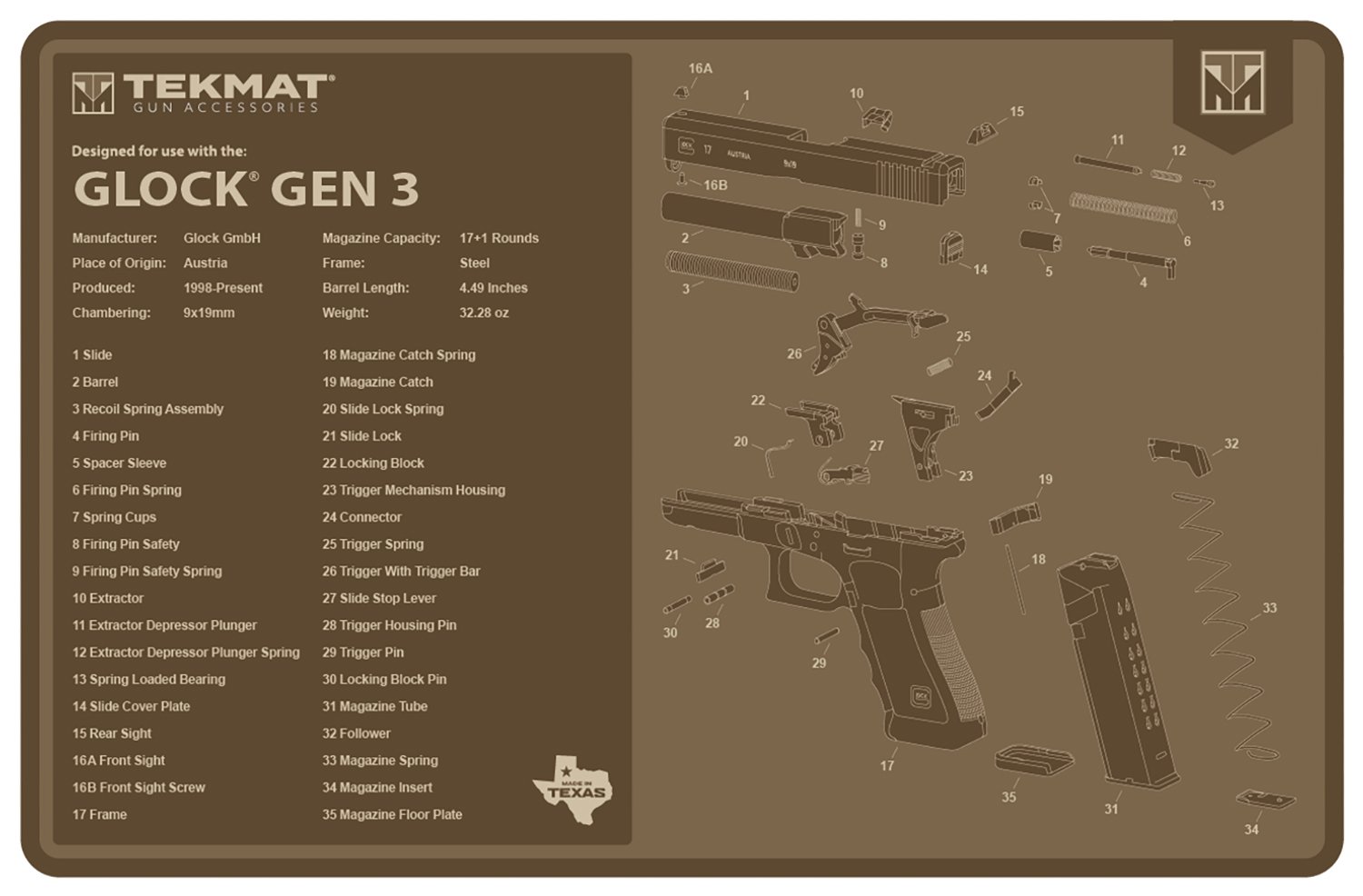TekMat TEKR17GLOCKG3FDE Glock Gen 3 Cleaning Mat Flat Dark Earth Rubber 11"x17" Glock Gen 3 Parts Diagram