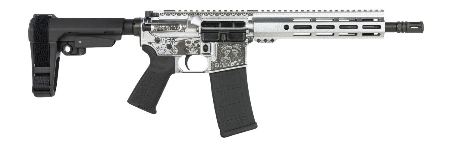 Shark Coast Tactical SCC07374DOD-P Day of the Dead 5.56 NATO 30+1 10.50" Black Nitride Threaded Barrel, Aluminum Laser Engraved Receiver w/Picatinny Rail, M-LOK Handguard, Polymer SB Tactical SBA3 Br
