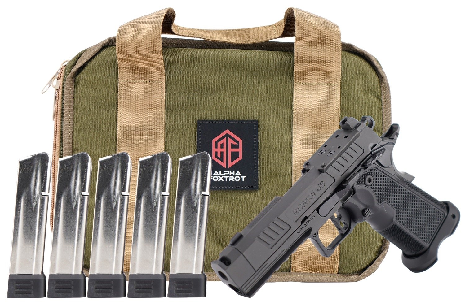 Alpha Foxtrot AA47X1QIG-XDBK20-PROM AF1911 Romulus Promo 9mm Luger 20+1 3.50" Black DLC Threaded Compensated Barrel, Black DLC Stainless Steel Optic Ready/Serrated Slide & Frame w/Beavertail & Picatin