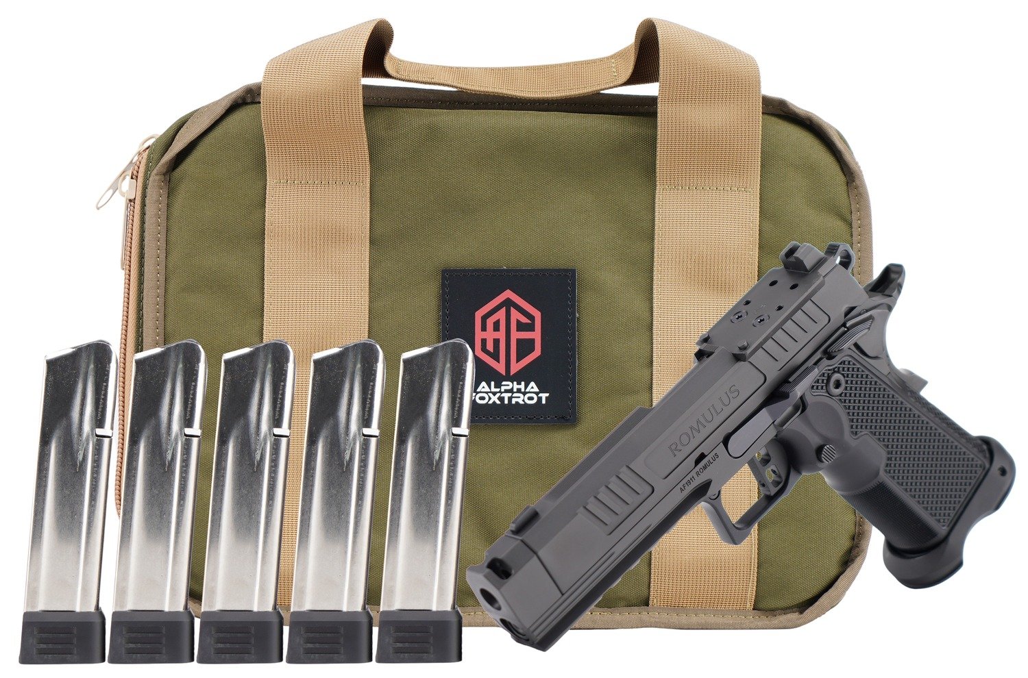 Alpha Foxtrot AA47X1CIG-XDBK20-PROM AF1911 Romulus Promo 9mm Luger 20+1 4.25" Black DLC Threaded Compensated Barrel, Black DLC Stainless Steel Optic Ready/Serrated Slide & Frame w/Beavertail & Picatin