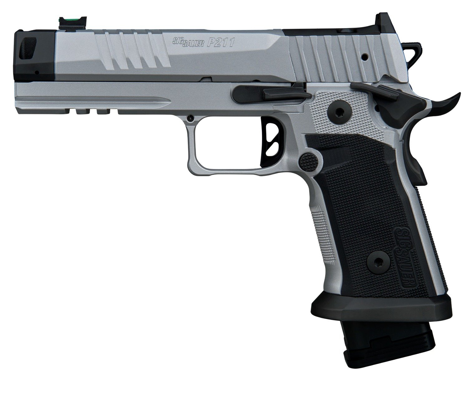 Sig Sauer 211F9GTOSILVER P211 Quicksilver Full Size 9mm Luger 23+1 4.40" Stainless Bull w/MACH3D Compensator Barrel, Silver Cerakote Stainless Steel Integrated Compensator/Optic Ready/Serrated Slide &