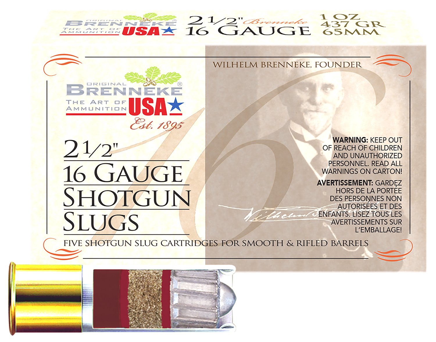 Brenneke SL162BR Brenneke 16 16Gauge 2.50" 1oz Slug Shot 5 Per Box/50 Case