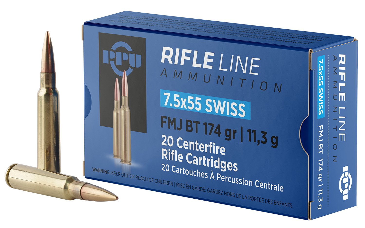 PPU PP7SF Metric Rifle 7.5x55mmSwiss 174gr Full Metal Jacket Boat Tail 20 Per Box/10 Case